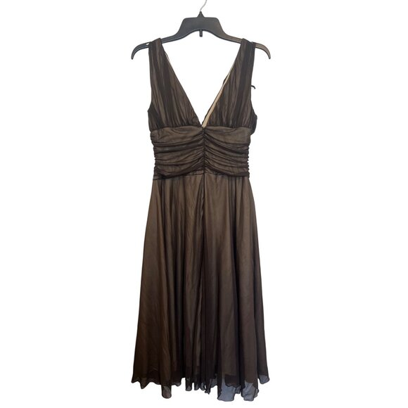 Connected Apparel Brown Sleeveless V-Neck Ruched Bodice Chiffon Dress Size 12 - Picture 2 of 5